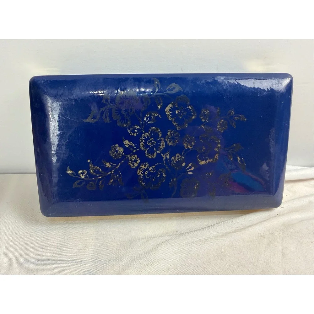 Vintage Mele Cobalt Blue Jewelry Box Gold Floral 13 Compartment Organizer